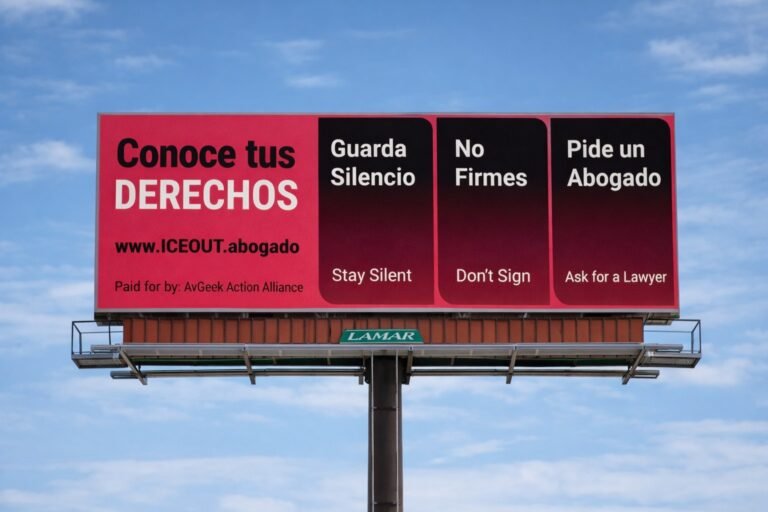 Instalan valla publicitaria con consejos sobre cómo responder a las redadas de inmigración