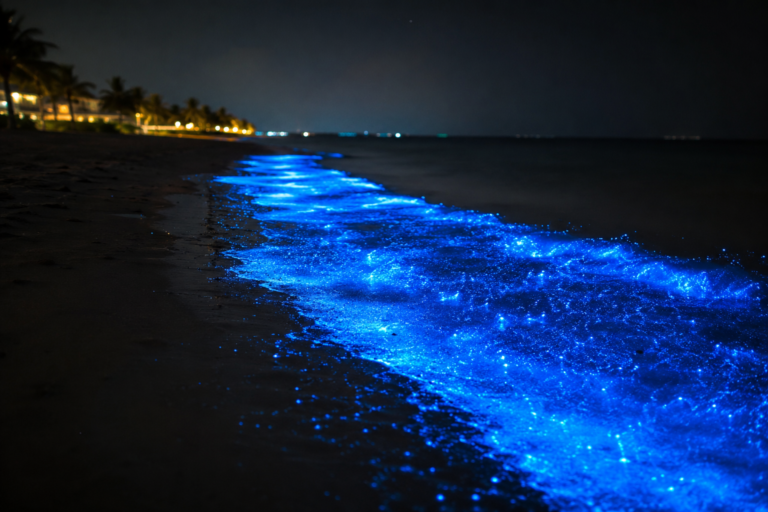 Un espectáculo natural inesperado: mares que brillan de azul intenso sorprenden en distintas costas del mundo
